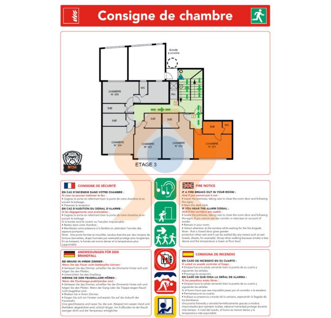 Plan de chambre d'hôtel — signalétique d'évacuation
